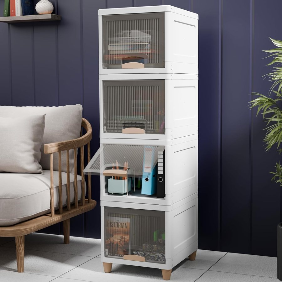 Stacked white storage cabinet beside a sofa, one drawer open with files and stationery